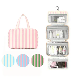Four-Fold Stripe Wash Bag with Wet/Dry Separation Large Capacity Travel Portable Cosmetic Storage Bag