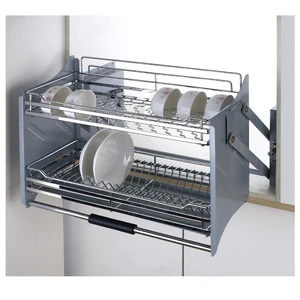 Tall Kitchen Tableware Storage Organizer Pull Down Elevator Lifting Flat Wire Baskets for Cabinets Storage