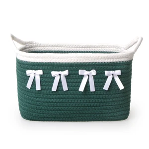 Christmas Bow Decoration Storage Basket Green Cotton Rope Foldable With Handle for Holiday Decor Kids Toy and Clothes Storage