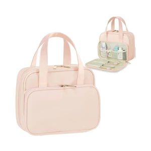New Arrival High Capacity Wholesale Smooth PU Rectangular Pink Toiletry Storage Organizer Weekend Trip Travel Toiletry Bag
