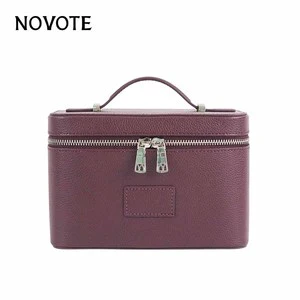 NOVOTE Genuine Leather Cosmetics Organizer Double Zippers Portable High End Travel Makeup Bag Easy Clean