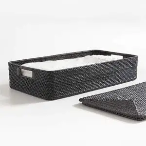 Black Rectangular Rattan Box: Perfect for Storage, Rustic Eco-friendly Under Bed Storage Box for Home Hotel