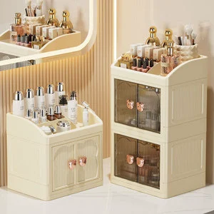 Double-Door Makeup Storage Cabinet with Drawer Multi-Layer Plastic Rack for Stationery Cosmetics Skincare Product