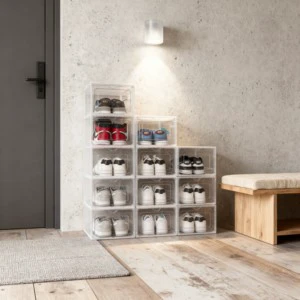 Modular Clear Plastic Storage Boxes with Secure Lids Foldable Shoe Organizer Stackable for Home Closet & Sneakers Storage