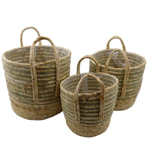 Round Braided Straw Woven Storage Basket with Jute Handles