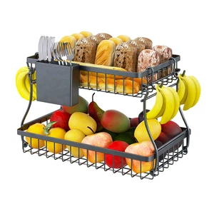 Modern Rectangle Two-Layer Durable Metal Wire Storage Basket for Fruit & Household Use