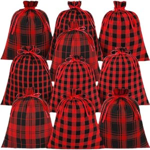 Unisex Christmas Gift Drawstring Bag Sack Plaid Fabric Stocking Storage with Buffalo Buffalo Plaid Design for Christmas Storage