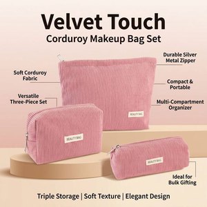 Wholesale 3 Pcs Pink Corduroy Makeup Bag Set Custom Logo Travel Cosmetic Pouch Beauty Bag Toiletry Organizer Case Zipper