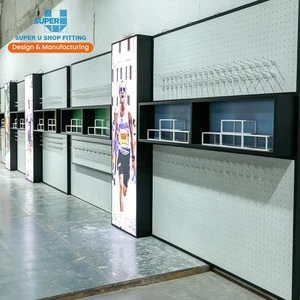 Bespoke Pegboard Sport Shoe Wall Display Rack With LED Lightbox, Customized Running Store Interior Design Garment Fixtures