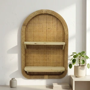 Handwoven Arch Rattan and Wood Wall Shelf 2 Tier Wooden Floating Storage Rack Boho Wall Mount Display Shelves Home Decor
