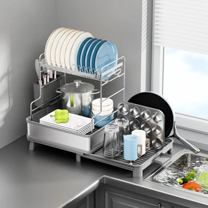 Kitchen Durable 2 Tier Dish Drying Rack Expandable Adjustable Dish Drainer Rack Stainless Steel Pull Out Cabinet Dish Rack