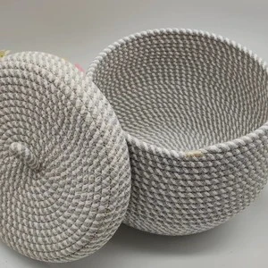 Cotton Rope Storage Basket with Lid Natural Color Durable Woven Storage Box