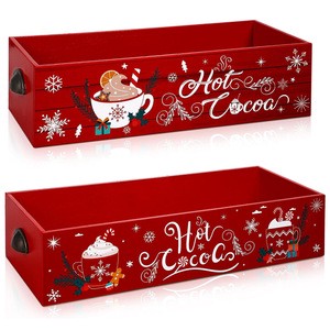 Vintage Open Wood Storage Box Cute Xmas Colorful Organizer Bins for Coffee Hot Cocoa Holiday Supplies Christmas Decorative Items