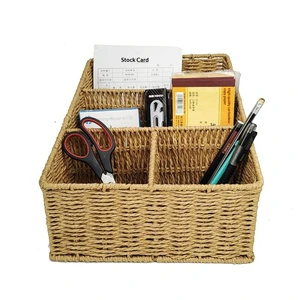 Paper Rope Woven Rectangular Three-Four Compartment Storage Basket Simple Style Desktop Remote Control Office Storage Dressing