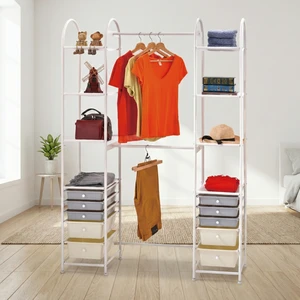 Modern Freestanding Coat Rack With 5 Shelves And Drawers Space Saving Metal Storage Unit For Bedroom Home Furniture
