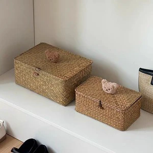 ESTICK Household Eco-Friendly Seagrass Woven Rectangular Sundry Storage Basket Lid Handle Handmade Japanese Design Living Room