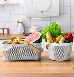Portable Garden Basket-Mesh Design Natural Bamboo Handle Wire Storage Baskets with Handle for Kitchen,Garden,Picnic