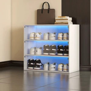 Modern Shoe Box with LED Light 3 Tiers Glass Door Shoe Storage Cabinet MDF Shoe Organizer