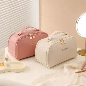 Large Capacity Double Zipper Travel Cosmetic Bag PU Leather Case with Dot Pattern Fashionable Cute Hanging Makeup Pouch