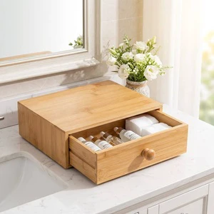 Single Wood Cabinet Organizer Drawer Tabletop Storage Organization Box with Wood Handle for Desk Home Office Counter Craft Decor
