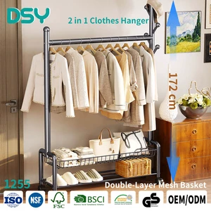 Modern Foldable Double-Layer Metal Mesh Basket 2-in-1 Coat Rack Hanger Removable Wheeled Clothes Drying Rack