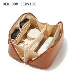 OEM ODM Custom PU Leather Cosmetic Bag Multi Compartment Organizer With Dividers for Travel Makeup and Skincare Essentials