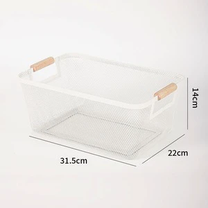 Wooden Handle Tabletop Organizer Metal Wire Basket for Sundries