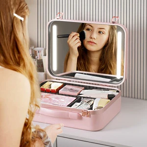 Lockable Big Beige Combination Lock Adjustable Dividers Empty Led Makeup Bags Cosmetic Storage Beauty Vanity Case Hardcase