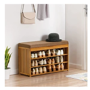 Meuble a Chaussures 3 Tier Shoe Bench Bamboo Upholstered Shoe Rack Entryway Storage for High Heels Sneakers Sandals Slippers