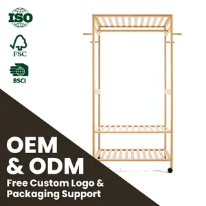 Bamboo Multifunction Modern Coat Rack with Wheels for Clothing Storage in Bedroom Living Room & Entryway