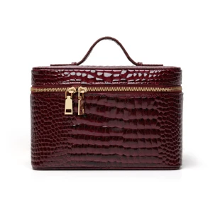 Luxury Burgundy Toilet Bags for Women Shiny PU Leather Perfume Skin Care Organizer with Compartments Desktop Vanity Makeup Tray