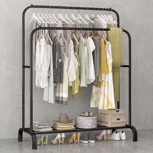 Portable Space Saving Modern Double Rod Clothes Hangers Standing Coat Rack for Bedroom Storage