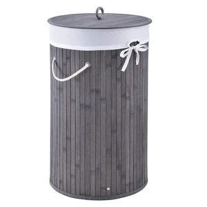 Nice Strong Round Gray Bamboo Folding Laundry Basket With Carry Handle And Lid Collapsible Clothes Hamper For Clothing Storage