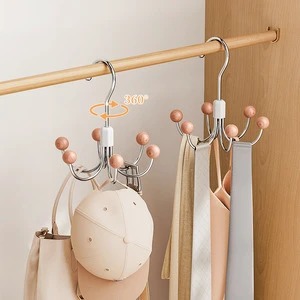 Creative 360° Rotatable 6 Claw Hooks Wooden Ball Multifunctional Clothing Organizers Hook Space Saving Scarf Clothes Hangers