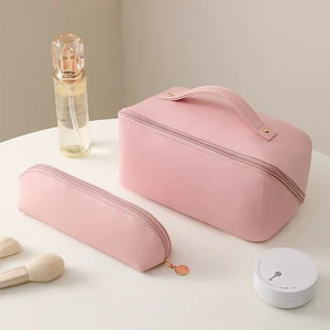 Customizable PU Leather Large-Capacity Makeup Bag with Zipper Closure Logo Pattern Cosmetics Toiletries Storage Bag Partition