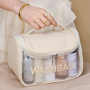 Travel Toiletry Bag Transparent Waterproof PVC Flip Top Large Capacity Storage For Bathroom Portable Rectangle Hook Type