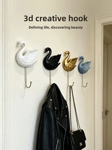 No-drill High-end Resin 3D Relief Swan-shaped Novelty Hook; Creative Home Wall Decor & Storage Hanger