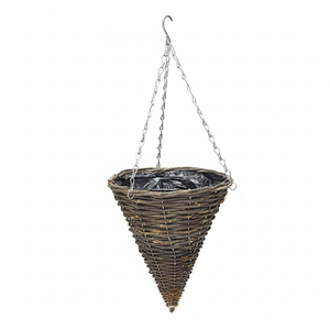 Rustic Cone-Shaped Wicker Hanging Basket Rattan Planter with Chain HandwovenRattan Flower Pot with Liner for Home, Garden
