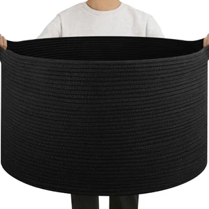 Large Modern Woven Rope Storage Basket Black Handle Eco-Friendly 100% Cotton for Clothing Blankets Pillows Laundry-Living Room