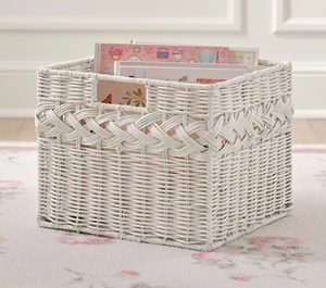 White Woven Rectangular Storage Basket for Home Organization and Decorative Display Multifunctional Stacking Design