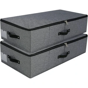 Bed Storage Container Bins Foldable Low Profile Underbed Organizer Thick Linen Fabric Sturdy Sides Dual Zipper Storage Box