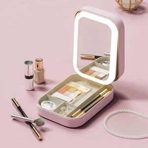 Plastic Cosmetics Storage Jewelry Box with Light Mirror Integrated Desktop Organizer Dustproof Portable Modern Simple Design