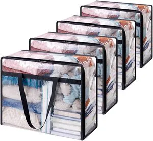 Clear Clothes Storage Bags 40L Plastic Blanket Storage Bags Vinyl Foldable Moving Bags With Zipper Closet Organizers