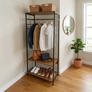 Space-Saving Hanging & Storage Coat Rack with 2-Tier Wooden Shelves Open Wardrobe Organizer for Bedroom Entryway Apartment