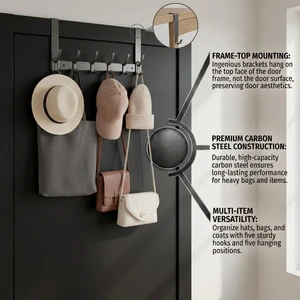 Wall-mounted Multi-hook Carbon Steel Hook Rack Self-adhesive Flexible Heavy-Duty Punch-Free Clothing Organizer Storage