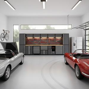 Modern Steel Garage Tool Storage System with Tall Lockers and Work Surface OEM Customizable