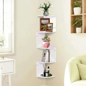 White Floating Corner Shelf for Bedrooms & Living Rooms Wall Mounted Storage Rack to Display Books Plants Photos & Other Items