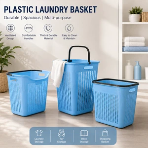 Sturdy Grid Design Plastic Laundry Basket, Airflow Ventilated Dirty Clothes Storage Hamper With Dual Carry Handles
