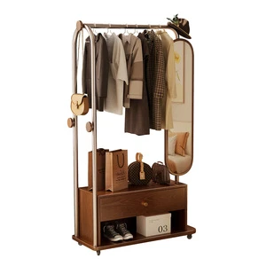Solid wood coat rack with integrated dressing mirror floor standing clothes rack for bedroom use movable storage shelf