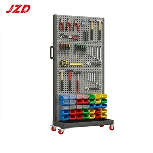 JZD Mobile Double-Sided Pegboard Tool Organizer Cart with Bins Rolling Workshop Storage Rack Heavy Duty Garage